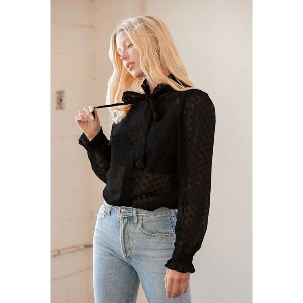 Lulus No Doubt About It Sheer Black Polka Dot Tie-neck Button-up Top - Size M